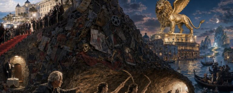 Ein älterer Filmemacher weist zwei Zwillingsschwestern mit Spitzhacken den Weg durch einen Berg aus Filmrollen, Plakaten und Festivalrequisiten. Links führt ein roter Teppich zu einem kleinen Seiteneingang, rechts wartet Venedig mit Gondeln, Kritikern und einem riesigen goldenen Flügellöwen.