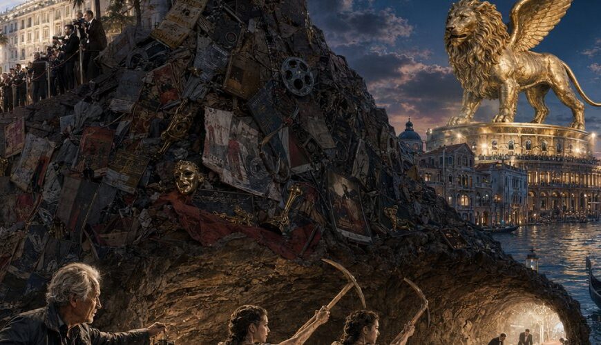 Ein älterer Filmemacher weist zwei Zwillingsschwestern mit Spitzhacken den Weg durch einen Berg aus Filmrollen, Plakaten und Festivalrequisiten. Links führt ein roter Teppich zu einem kleinen Seiteneingang, rechts wartet Venedig mit Gondeln, Kritikern und einem riesigen goldenen Flügellöwen.