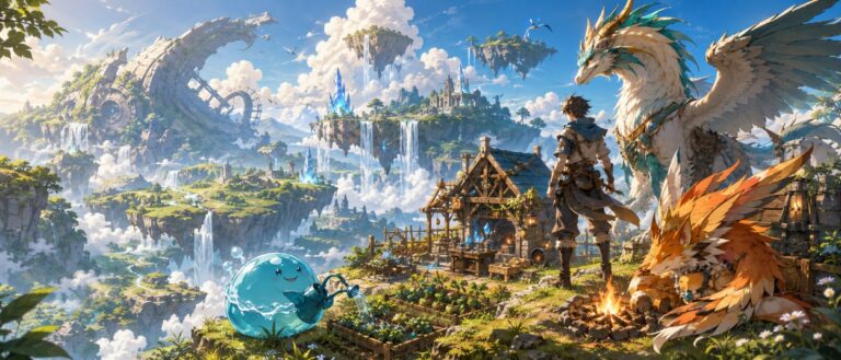 Eine animehafte Abenteurerin steht mit freundlichen Monstern vor schwebenden Inseln, Ruinen und einer kleinen Siedlung in einer wilden Fantasywelt.
