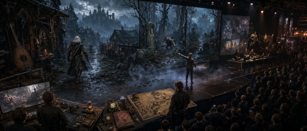 Ein weißhaariger Hexer steht auf einer beleuchteten Präsentationsbühne vor einer großen Leinwand mit einer nebligen Burgruine. Vor ihm sitzen Messebesucher, während Entwickler seitlich an Bildschirmen Spielszenen und Karten vorbereiten.