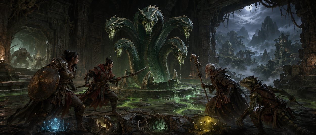 Eine riesige mehrköpfige Schlange erhebt sich in einem giftgrün beleuchteten Tempel über mehreren bewaffneten Kämpfern. Hinter dem Tempel sind eine bewaldete Insel und dunkle Berge zu sehen.