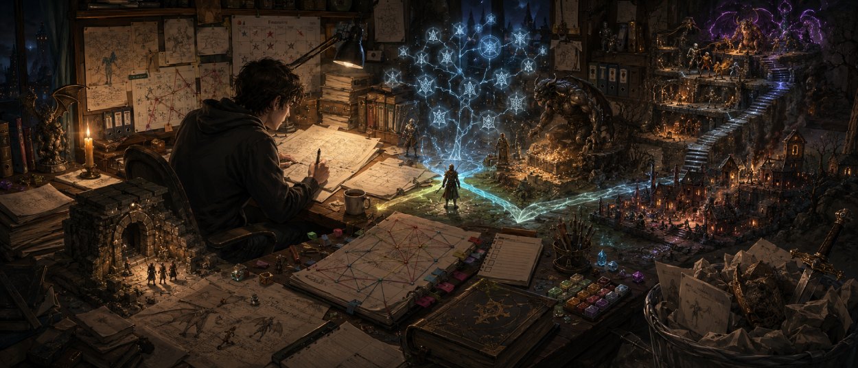 Write a LitRPG als Schreibratgeber mit Manuskript, Charakterentwicklung, Skillbaum und wachsendem Fantasy-Dungeon.