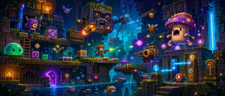 Eine kleine Fantasy-Figur kämpft sich in farbenfroher Pixel-Art durch eine rätselhafte Abenteuerwelt mit Monstern, Projektilen und Retro-Spielgefühl.