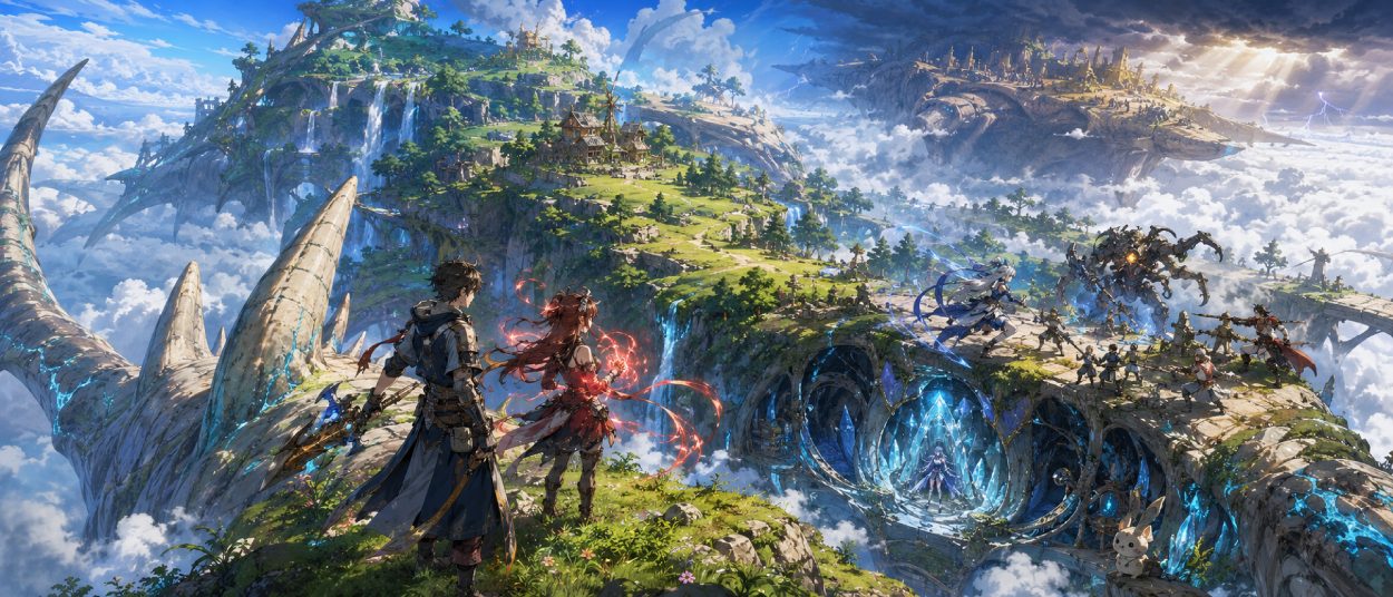 Zwei junge Fantasy-Abenteurer stehen auf einer grünen Ebene auf dem Rücken eines gewaltigen Titanen. Über ihnen schweben mehrere bewaffnete Begleiter, während Wasserfälle, Felsklippen und eine ferne Stadt deutlich und hell im Sonnenlicht erscheinen.