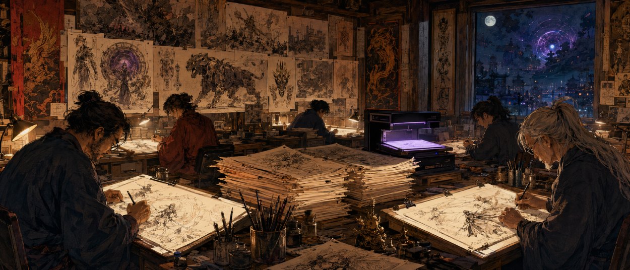 ZAN Anime von Yoshitaka Amano mit handgezeichneten Fantasybildern, Papier, Tusche und Zeit-und-Raum-Magie.