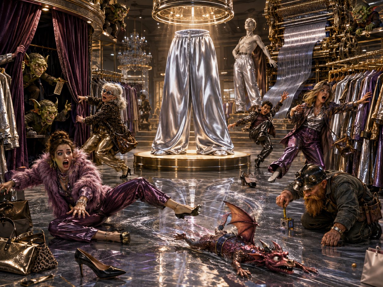 Fantasy-Szene in einem Modegeschäft: Eine glänzende Satin-Hose liegt wie ein verfluchtes Kleidungsstück auf einem Podest, während Kunden auf glatten Böden ausrutschen und Goblins Warnschilder verstecken.