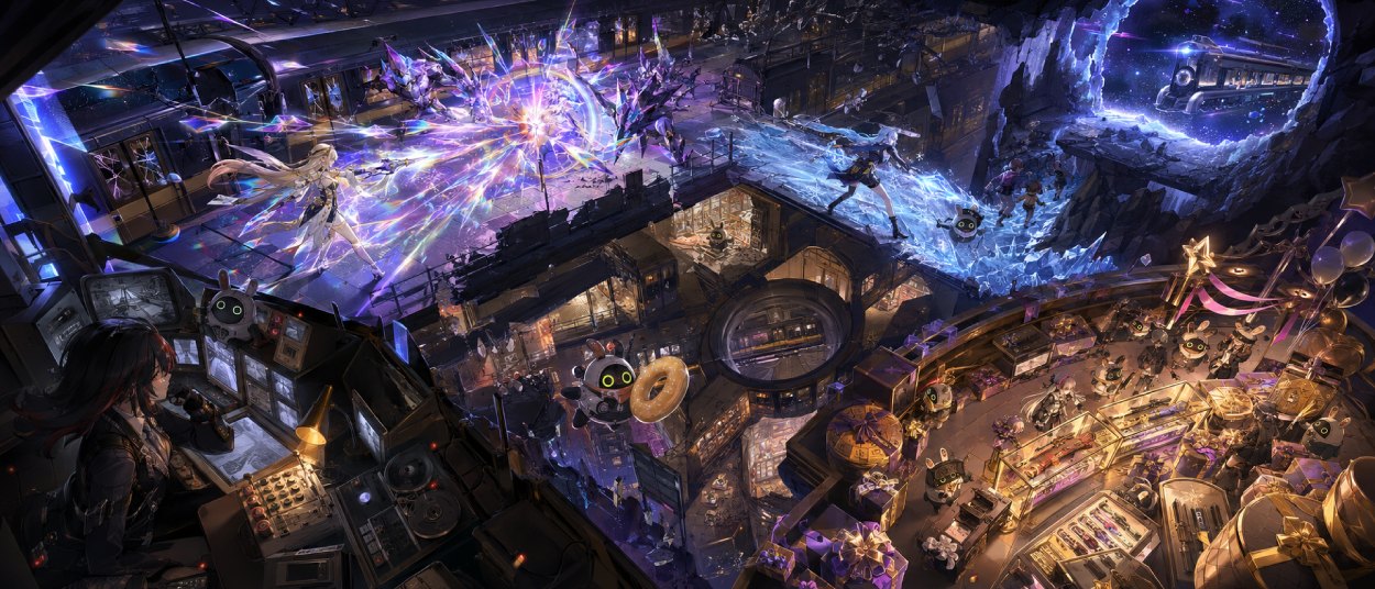 Zwei Kämpferinnen stehen in einer neonbeleuchteten Großstadt vor einem verzerrten Portal. Im Hintergrund führt ein leuchtendes Labyrinth durch Straßen und Hochhäuser, während hinter dem Portal die Silhouette eines futuristischen Zuges erscheint.
