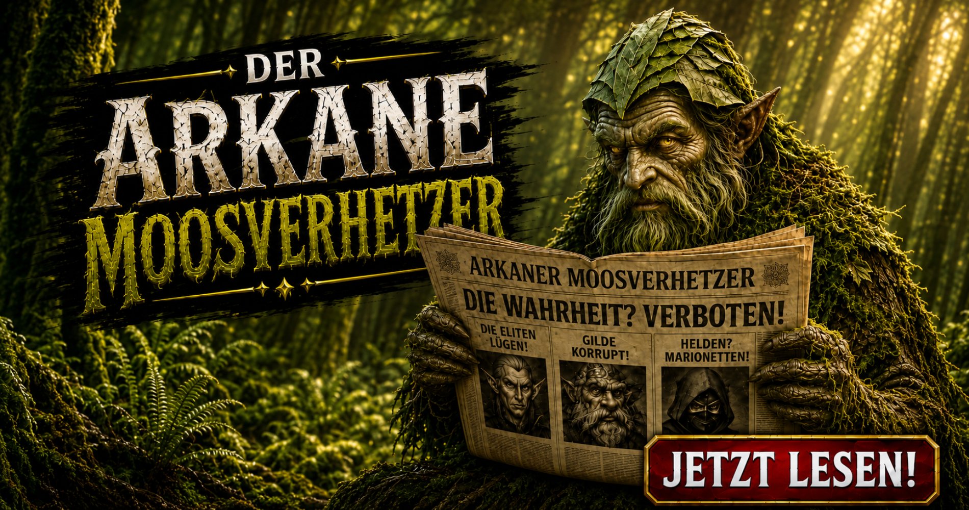 Nichts als die Wahrheit. Schmaler Banner für den Arkanen Moosverhetzer. Ein Moosling mit Blatthelm, der wütend eine Propagangazeitung liest.