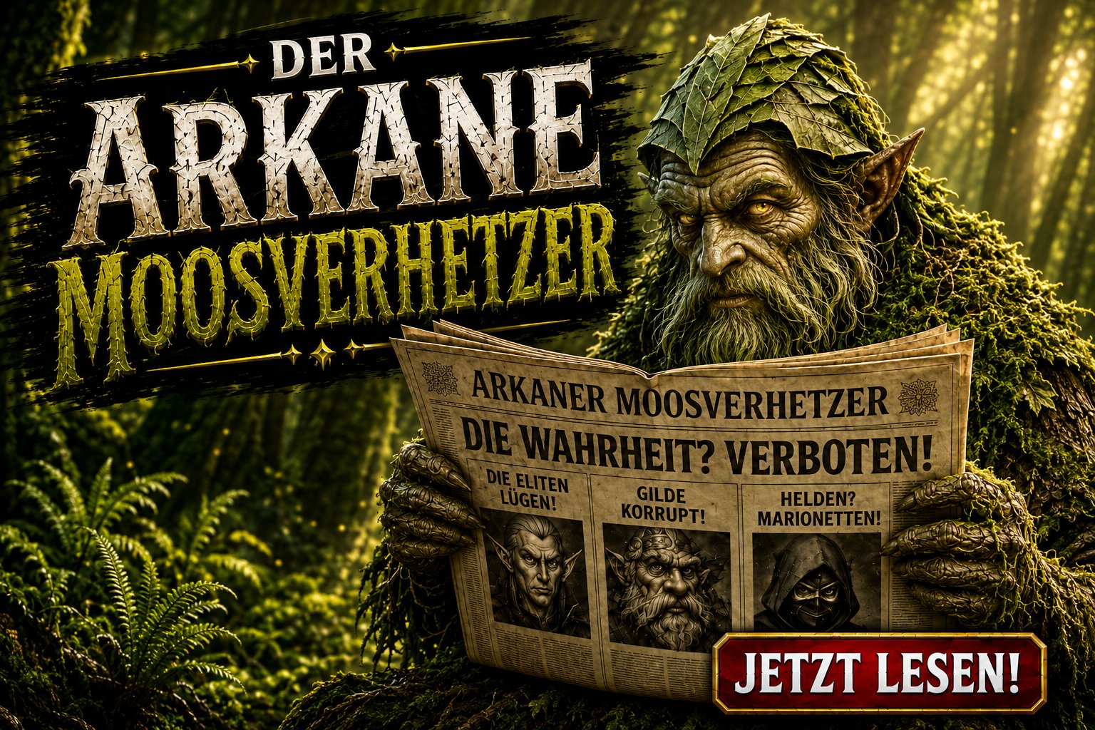 Fantasy-Satire-Banner: Ein Moosling mit glühenden Augen liest wütend in einem grünen Blattbuch. Darüber der Schriftzug ‚Nichts als die Wahrheit‘, unten der Titel ‚Der Arkane Moosverhetzer‘ und ein Button mit ‚Jetzt lesen!‘