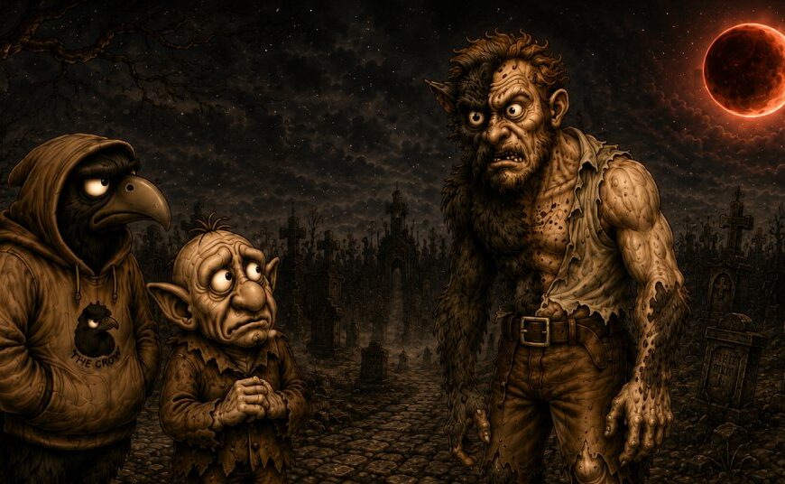 Zweiteiliger sepiafarbener Crowbah-Comic: Crowbah und Grabhold treffen nachts auf dem Friedhof einen nur teilweise verwandelten Werwolf, der sich im zweiten Bild über eine partielle Mondfinsternis als Ursache seiner missglückten Verwandlung beklagt.