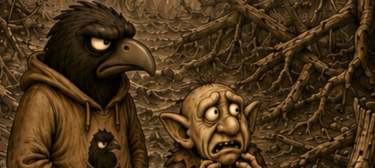 Zweiteiliger sepiafarbener Crowbah-Comic: Crowbah und Grabhold stehen vor einem zerstörten Waldstück.