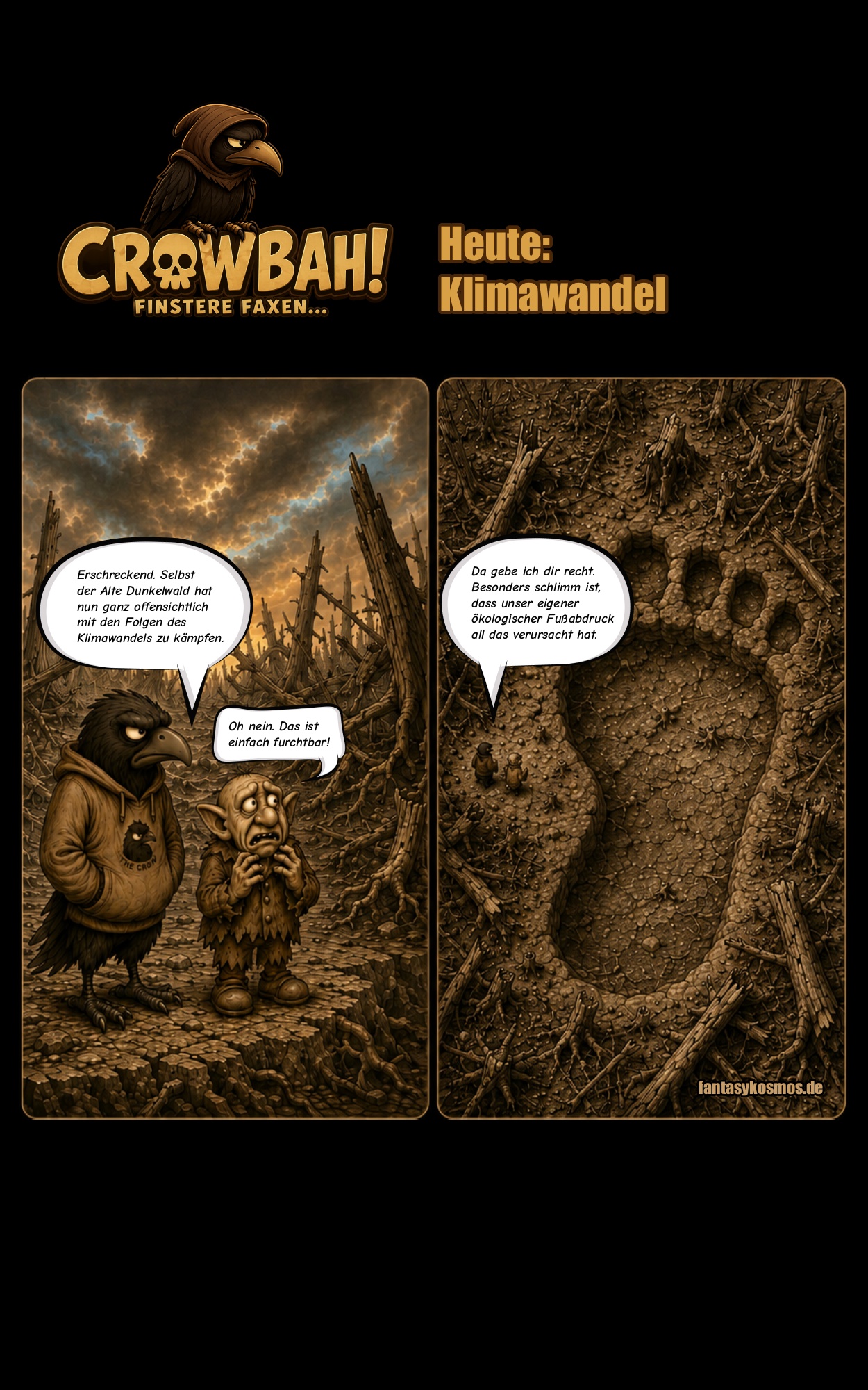 Zweiteiliger sepiafarbener Crowbah-Comic: Crowbah und Grabhold stehen vor einem zerstörten Waldstück, das sich im zweiten Bild aus der Vogelperspektive als gewaltiger Fußabdruck entpuppt.