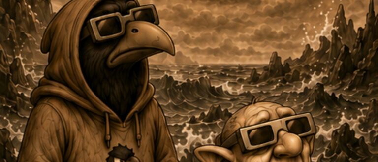 Sepiafarbener Crowbah-Comic: Crowbah und Grabhold beobachten mit Schutzbrillen eine partielle Sonnenfinsternis.