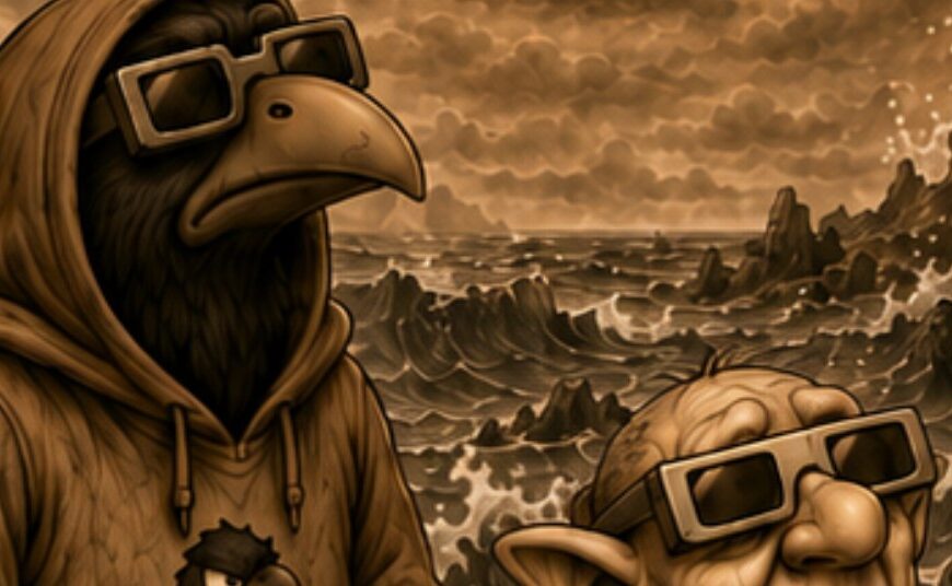 Sepiafarbener Crowbah-Comic: Crowbah und Grabhold beobachten mit Schutzbrillen eine partielle Sonnenfinsternis.