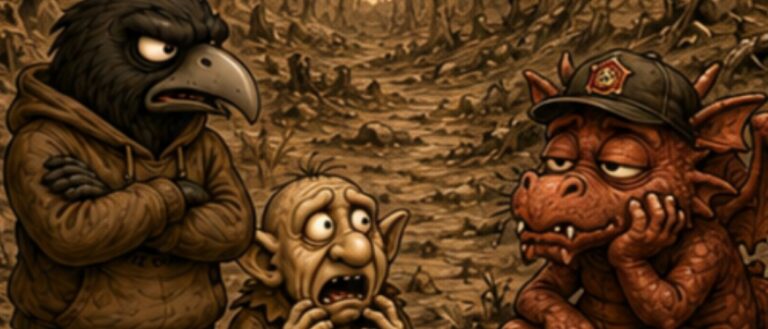 Zweiteiliger sepiafarbener Crowbah-Comic: Crowbah und Grabhold stehen in einem vertrockneten Wald mit Waldbrandgefahr Stufe 5.