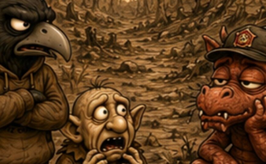 Zweiteiliger sepiafarbener Crowbah-Comic: Crowbah und Grabhold stehen in einem vertrockneten Wald mit Waldbrandgefahr Stufe 5.