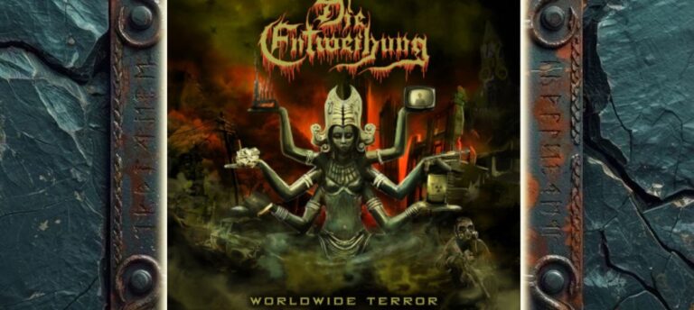 Albumcover von Die Entweihung – Worldwide Terror: Eine vielarmige steinerne Gottheit sitzt vor einer brennenden, zerstörten Stadt. In ihren Händen hält sie Geld, ein religiöses Buch, eine Fabrik, einen Fernseher, ein Sturmgewehr und ein Fass mit radioaktivem Zeichen. Kampfjets fliegen durch den dunklen Himmel, rechts unten hockt ein bewaffneter Soldat mit Gasmaske.