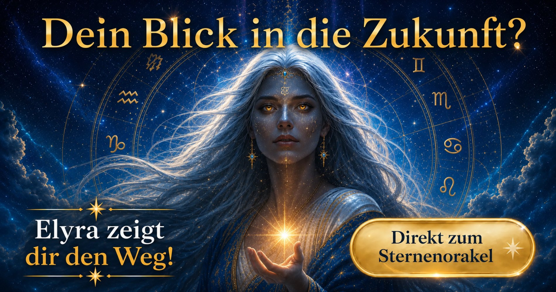 Das Sterneorakel von Elyra sieht in deine Zukunft. DIe Sternengöttin vor blauem Hintergrund.