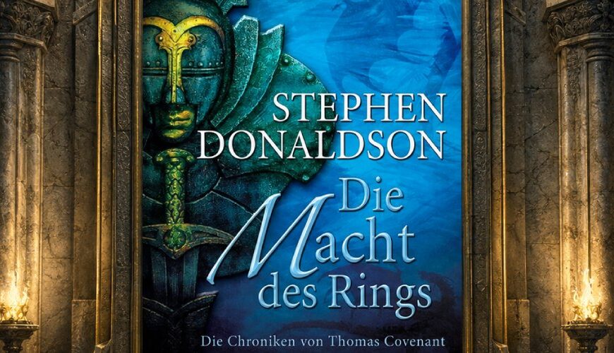 Deutsches Cover von Stephen R. Donaldsons Die Macht des Rings in einem monumentalen steinernen Fantasyrahmen mit goldenen Verzierungen und warmem Fackellicht.