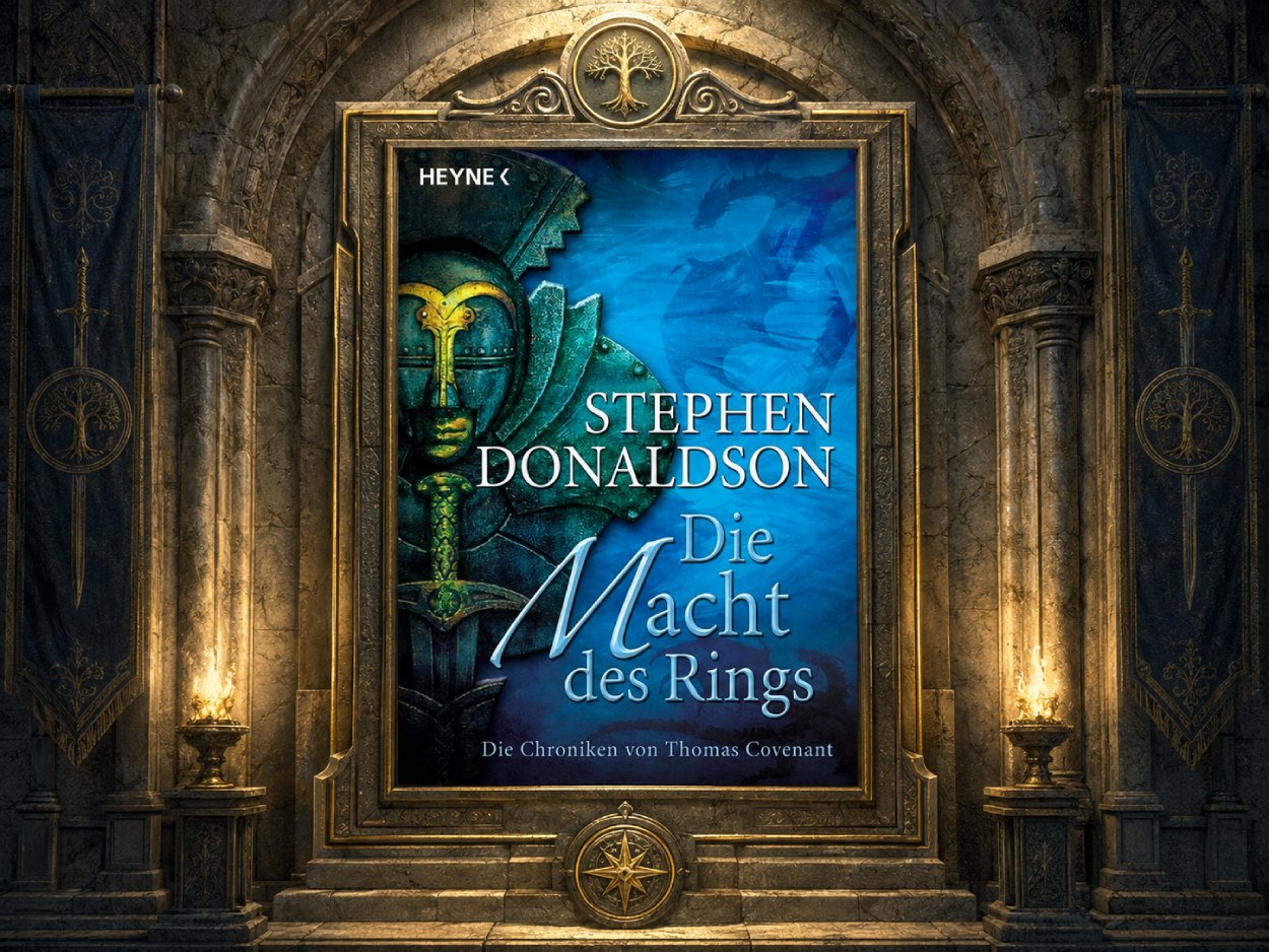 CDeutsches Cover von Stephen R. Donaldsons Die Macht des Rings in einem monumentalen steinernen Fantasyrahmen mit goldenen Verzierungen und warmem Fackellicht.