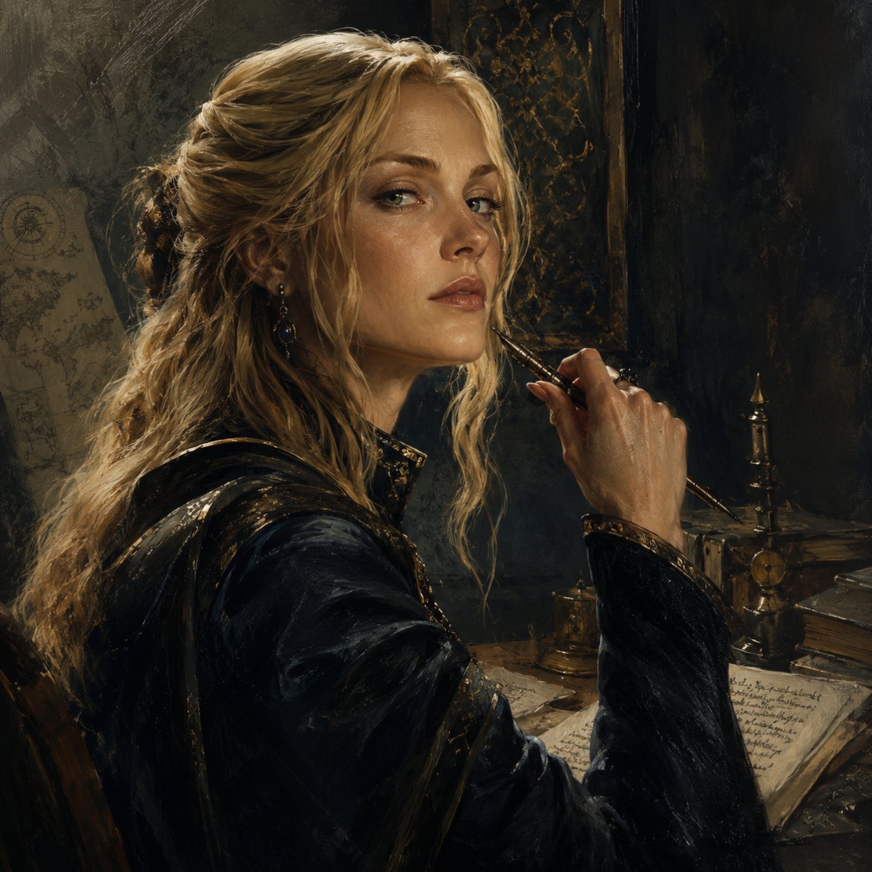 Gemaltes Portrait der blonden Fantasykosmos-Chronistin Elandria beim Schreiben in einem dunklen Studierzimmer mit Büchern, Karten und warmem Kerzenlicht.