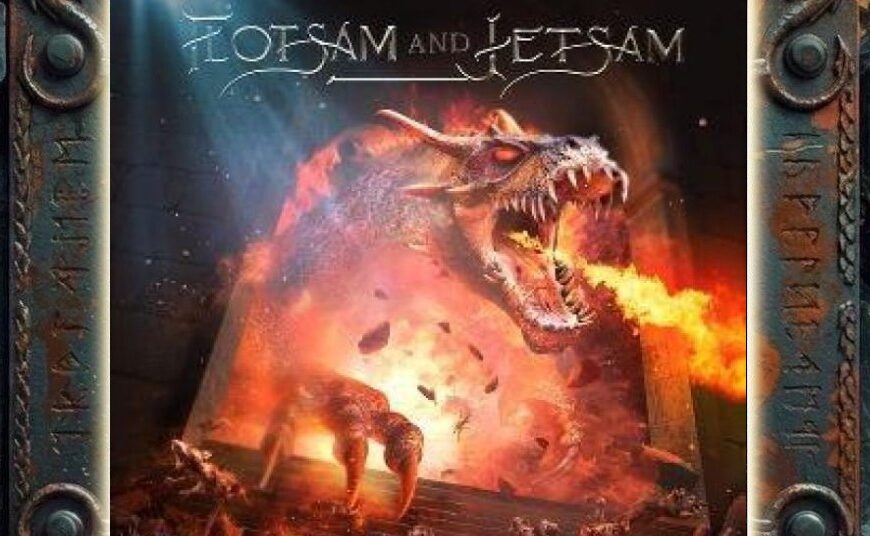 Albumcover von Flotsam And Jetsam zu Rats In The Temple: Ein riesiges, feuerspeiendes Monster bricht aus einer tempelartigen Szenerie hervor, während ringsum Chaos, Flammen und zerstörerische Energie herrschen.