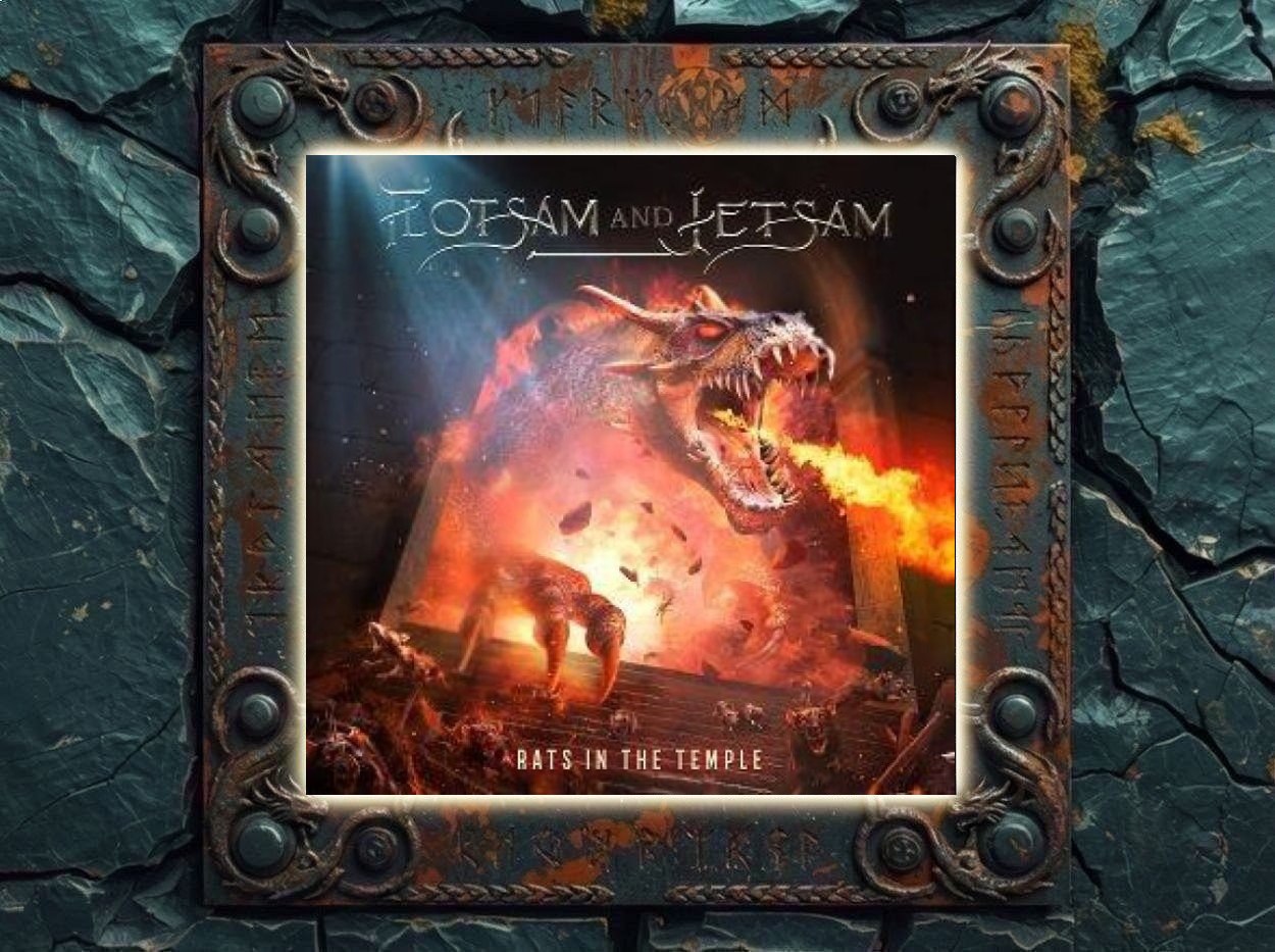 Albumcover von Flotsam And Jetsam zu Rats In The Temple: Ein riesiges, feuerspeiendes Monster bricht aus einer tempelartigen Szenerie hervor, während ringsum Chaos, Flammen und zerstörerische Energie herrschen.