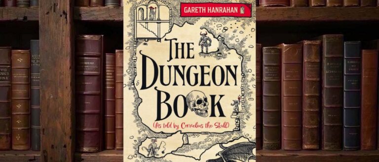 Cover von The Dungeon Book von Gareth Hanrahan im Stil einer gezeichneten Dungeonkarte mit großem Titel, Totenschädel in der Mitte, kleinem Minotaurus, Goblin, Zauberer und einem Drachen am unteren Rand.