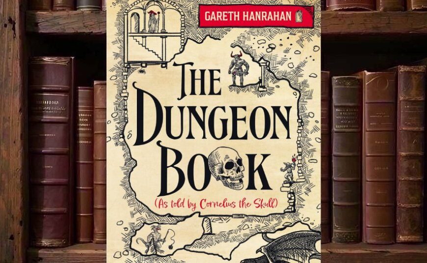 Cover von The Dungeon Book von Gareth Hanrahan im Stil einer gezeichneten Dungeonkarte mit großem Titel, Totenschädel in der Mitte, kleinem Minotaurus, Goblin, Zauberer und einem Drachen am unteren Rand.