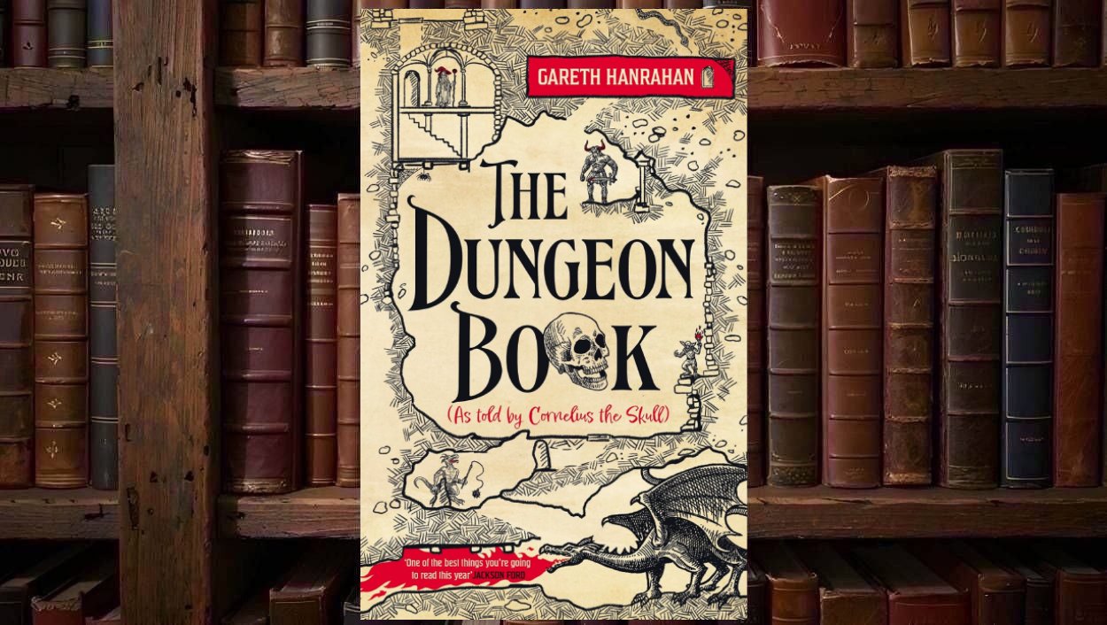 Cover von The Dungeon Book von Gareth Hanrahan im Stil einer gezeichneten Dungeonkarte mit großem Titel, Totenschädel in der Mitte, kleinem Minotaurus, Goblin, Zauberer und einem Drachen am unteren Rand.