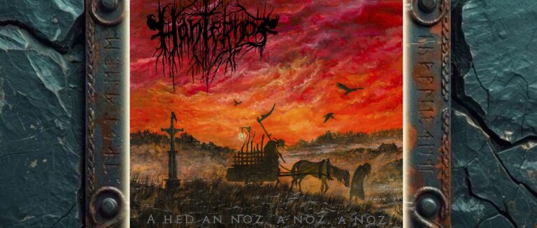 Albumcover von Hanternoz – A Hed an Noz, a Noz, a Noz: In einer rot glühenden Abendlandschaft fährt der bretonische Totengeist Ankou auf einem Karren durch sumpfiges Gelände. Ein gebeugter Mann führt die Pferde, Vögel kreisen am Himmel, links steht ein Kreuz, darüber prangt das schwarze Bandlogo.