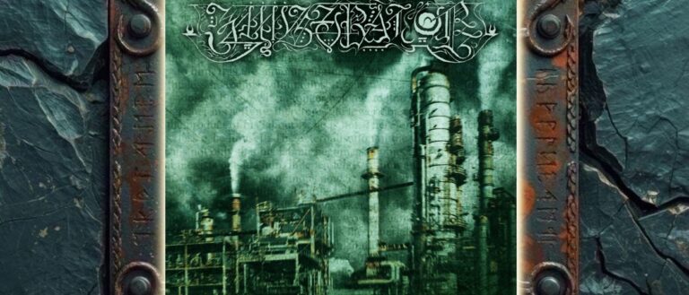 Albumcover von Immiserator – Blight Of Subsistence: Ein verfallener Industriekomplex mit Türmen, Schornsteinen, Rohren und Stahlkonstruktionen liegt unter einem grünlich-grauen Himmel. Halbtransparente Textfragmente überziehen das Bild, darüber steht das stark verzierte weiße Bandlogo. Unten rechts befindet sich der Albumtitel.