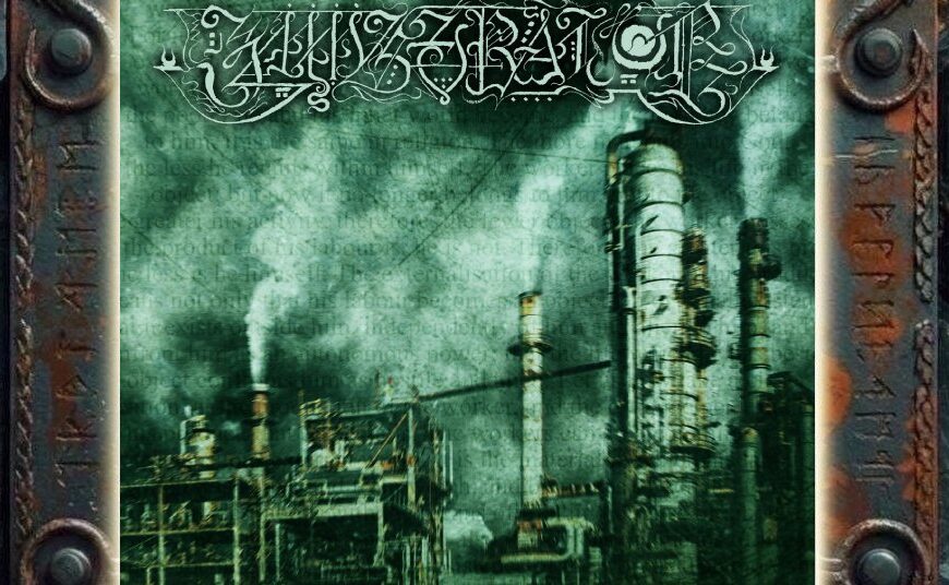 Albumcover von Immiserator – Blight Of Subsistence: Ein verfallener Industriekomplex mit Türmen, Schornsteinen, Rohren und Stahlkonstruktionen liegt unter einem grünlich-grauen Himmel. Halbtransparente Textfragmente überziehen das Bild, darüber steht das stark verzierte weiße Bandlogo. Unten rechts befindet sich der Albumtitel.