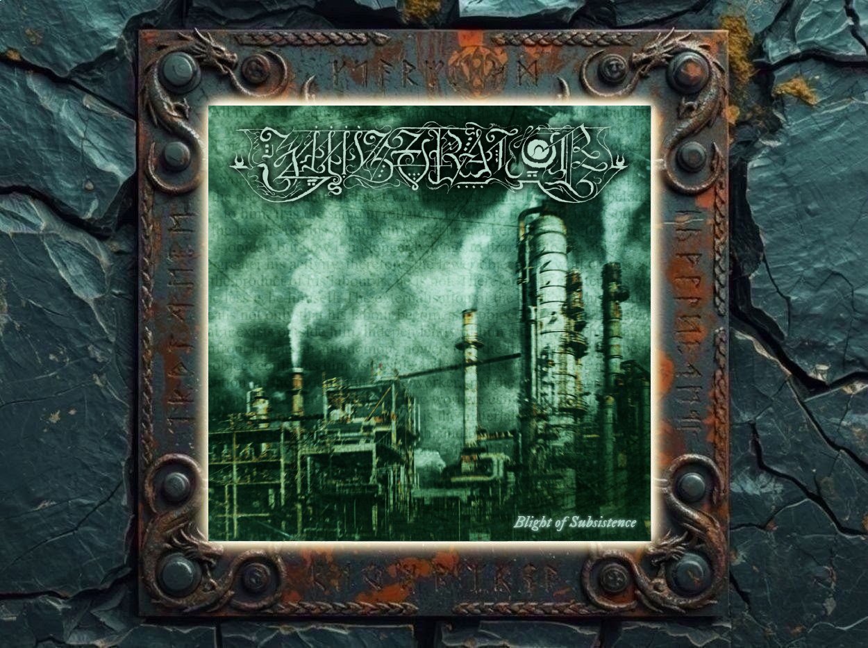 Albumcover von Immiserator – Blight Of Subsistence: Ein verfallener Industriekomplex mit Türmen, Schornsteinen, Rohren und Stahlkonstruktionen liegt unter einem grünlich-grauen Himmel. Halbtransparente Textfragmente überziehen das Bild, darüber steht das stark verzierte weiße Bandlogo. Unten rechts befindet sich der Albumtitel.