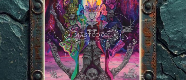 Albumcover von Mastodon – Marrow Deep: Drei farbenprächtige mythologische Gestalten stehen im Zentrum einer psychedelischen Szenerie aus Falterflügeln, Blumen, Schädeln und skelettierten Formen. Ein dünner weißer Faden zieht sich durch das gesamte Motiv bis zu einer Schere auf der rechten Seite. Unter den Figuren liegt ein großes Skelett, während intensive Pink-, Violett-, Grün-, Türkis- und Orangetöne Leben und Tod miteinander verschränken.