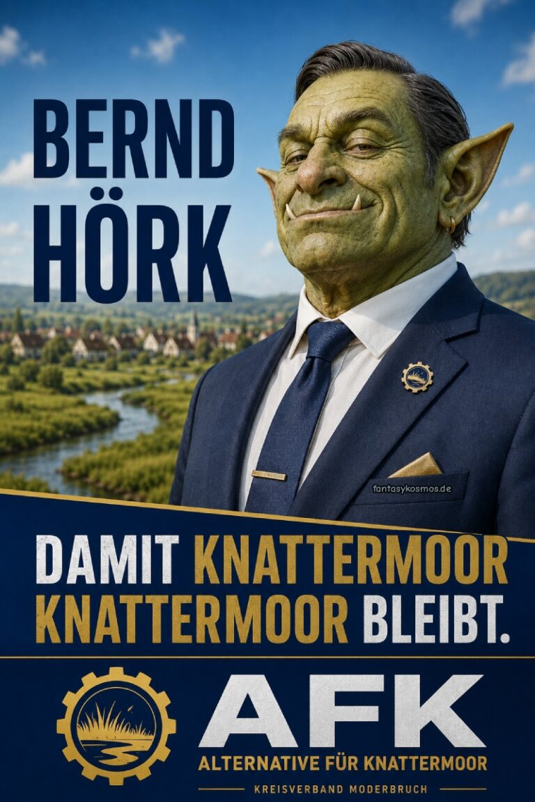Satirisches Fantasy-Wahlplakat der Alternative für Knattermoor: Der grünhäutige Ork-Politiker Bernd Hörk posiert mit strengem Seitenscheitel und dunkelblauem Anzug vor einer idyllischen Moorlandschaft. Darunter stehen der Wahlspruch „Damit Knattermoor Knattermoor bleibt“ sowie das AFK-Parteilogo.