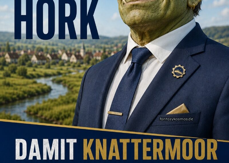 Satirisches Fantasy-Wahlplakat der Alternative für Knattermoor: Der grünhäutige Ork-Politiker Bernd Hörk posiert mit strengem Seitenscheitel und dunkelblauem Anzug vor einer idyllischen Moorlandschaft. Darunter stehen der Wahlspruch „Damit Knattermoor Knattermoor bleibt“ sowie das AFK-Parteilogo.
