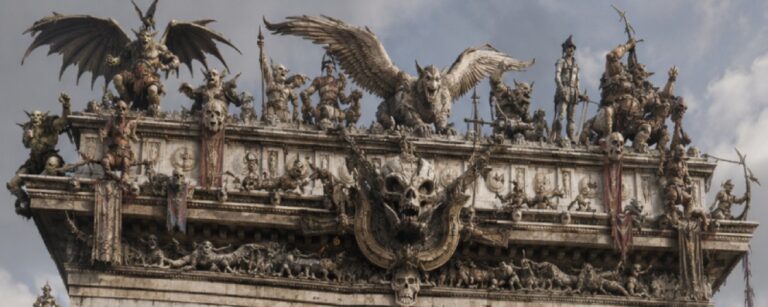 Fantasy-Historienfoto eines grotesken Triumphbogens aus den Zwischenreichen: Ein monumentaler Steinbogen voller Ork-, Goblin-, Troll- und Zwergenfiguren erhebt sich über einer breiten Allee. Davor stehen seltsame Touristen, Souvenirhändler, Zwerge, Goblins und ein vornehmer Troll in einem absurden Gedränge.
