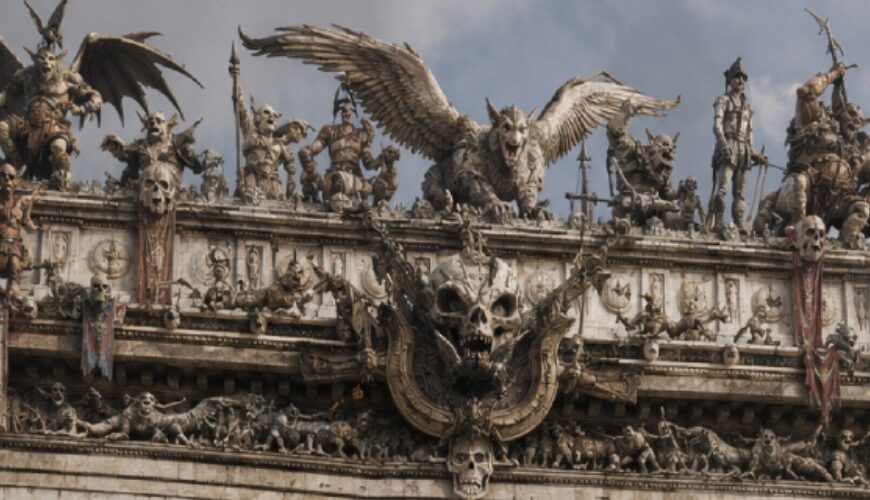 Fantasy-Historienfoto eines grotesken Triumphbogens aus den Zwischenreichen: Ein monumentaler Steinbogen voller Ork-, Goblin-, Troll- und Zwergenfiguren erhebt sich über einer breiten Allee. Davor stehen seltsame Touristen, Souvenirhändler, Zwerge, Goblins und ein vornehmer Troll in einem absurden Gedränge.