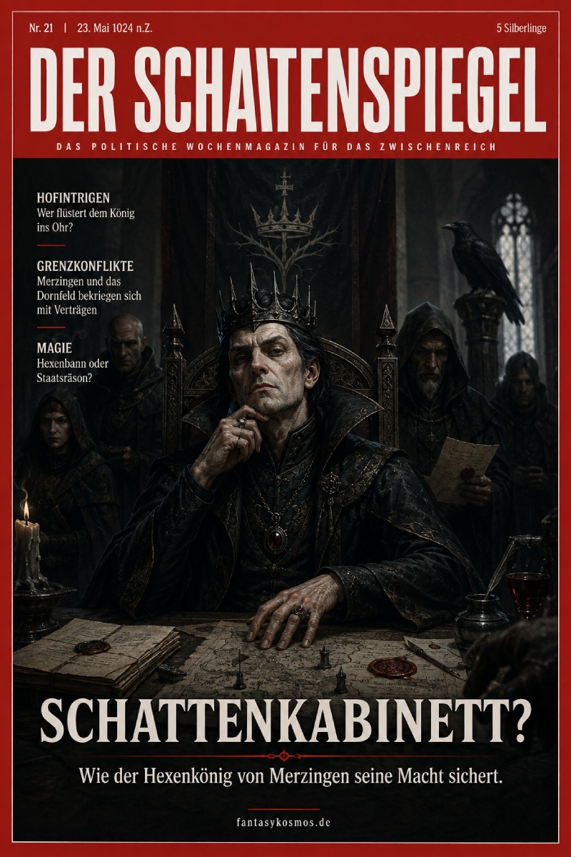 Fantasy-Magazincover im Stil eines politischen Wochenmagazins: Unter dem roten Titelbalken „Der Schattenspiegel“ sitzt ein bleicher Hexenkönig mit schwarzer Krone und finsterem Blick an einem Tisch voller Karten, Dokumente und Wachssiegel. Hinter ihm stehen düstere Beratergestalten, ein Rabe wacht im Hintergrund. Unten steht groß: „Schattenkabinett?“ sowie die Zeile „Wie der Hexenkönig von Merzingen seine Macht sichert.“