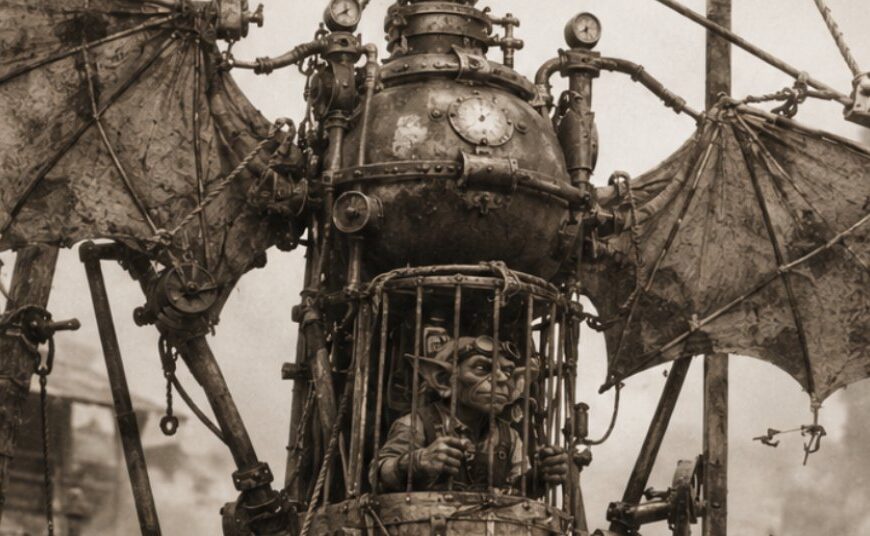 Historische Sepia-Aufnahme aus den Zwischenreichen: Mehrere Goblin-Ingenieure posieren stolz vor einer chaotischen Flugmaschine aus Holz, Metall, Seilen, Fledermausflügeln und Rotoren. In einem kleinen Käfig sitzt ein Goblin-Pilot, während das kaputte Archivfoto mit Kratzern, Flecken und abgenutzten Rändern wie ein früher Beweis goblinischer Luftfahrt wirkt.