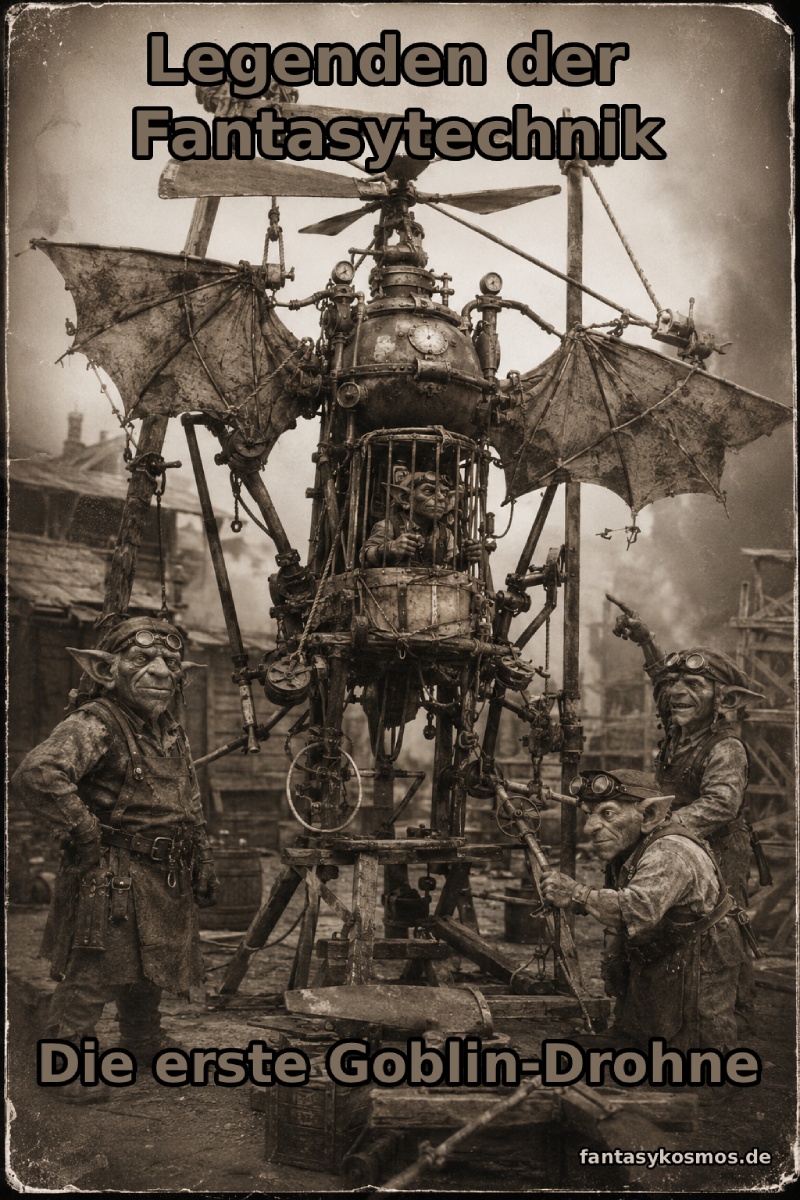 Fantasy-Historienfoto eines grotesken Triumphbogens aus den Zwischenreichen: Ein monumentaler Steinbogen voller Ork-, Goblin-, Troll- und Zwergenfiguren erhebt sich über einer breiten Allee. Davor stehen seltsame Touristen, Souvenirhändler, Zwerge, Goblins und ein vornehmer Troll in einem absurden Gedränge.