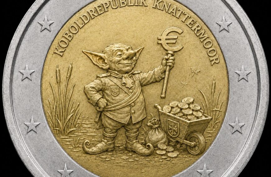 Absurd-fotorealistische Fantasy-Münzszene: Eine täuschend echt wirkende 2-Euro-Gedenkmünze zeigt im goldenen Innenkreis einen selbstzufriedenen Kobold-Staatsmann der Koboldrepublik Knattermoor. Er hält ein Zepter mit Euro-Symbol in die Höhe, während neben ihm eine Schubkarre voller Münzen und ein praller Geldsack stehen. Im Hintergrund sind Schilf und kleine Sumpfdetails zu sehen, außen der silberne Ring mit den typischen Euro-Sternen.