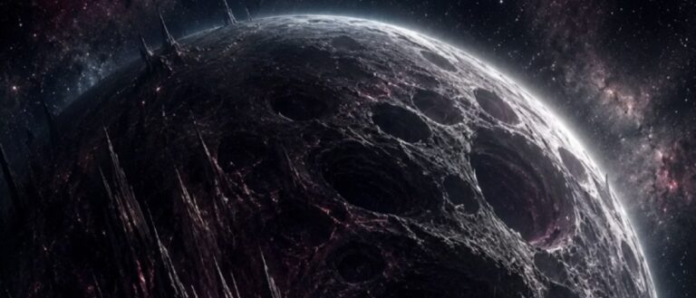 Düsterer Fantasy-Planet Morghulon über der zerklüfteten Oberfläche seines Mondes Gor’zath, mit schwarzen Kratern, gewaltigen Schluchten und schwach rot glimmenden Rissen unter einem sternenreichen Himmel.