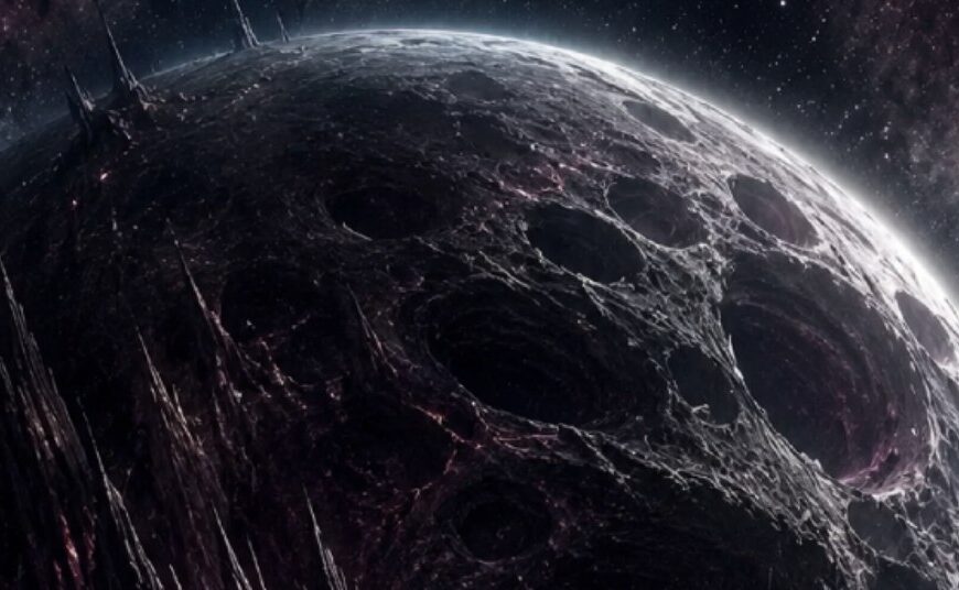 Düsterer Fantasy-Planet Morghulon über der zerklüfteten Oberfläche seines Mondes Gor’zath, mit schwarzen Kratern, gewaltigen Schluchten und schwach rot glimmenden Rissen unter einem sternenreichen Himmel.