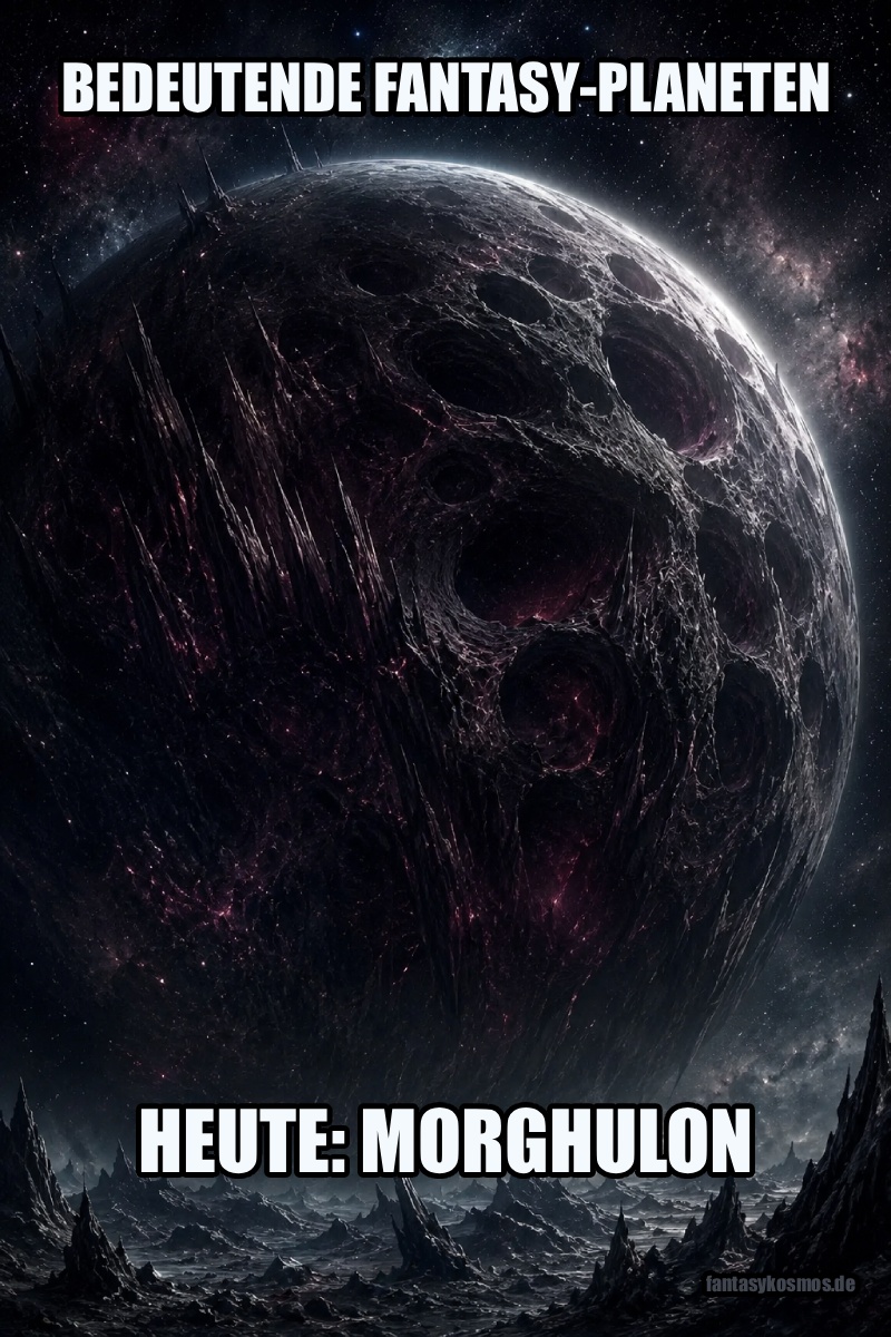 Düsterer Fantasy-Planet Morghulon über der zerklüfteten Oberfläche seines Mondes Gor’zath, mit schwarzen Kratern, gewaltigen Schluchten und schwach rot glimmenden Rissen unter einem sternenreichen Himmel.