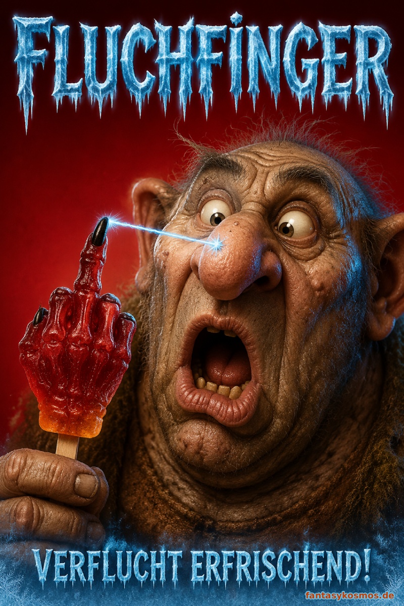 Knallige Fantasy-Eiswerbung im Hochformat: Ein dümmlich staunender Troll hält ein rotes Wassereis am Stiel, das wie eine gruselige Krallenfaust mit aufgerichtetem Mittelfinger geformt ist. Von der schwarzen Fingerspitze schießt ein blauer Kälteblitz direkt gegen seine Nase. Über der Szene steht das frostige Logo „FLUCHFINGER“.