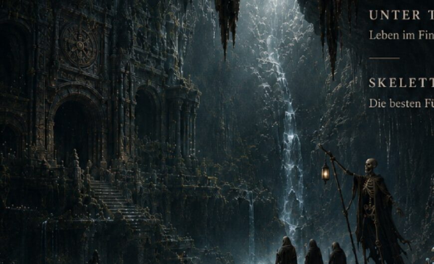 Düsteres Fantasy-Magazincover im Stil eines edlen Reportagemagazins: Unter dem großen Titel „GEO-GRUFT“ öffnet sich in einem gerahmten Bildfenster ein gewaltiges unterirdisches Höhlenreich mit Ruinen, schwarzem Wasser, leuchtenden Pilzen und einem Skelettführer mit Laterne. Darunter steht groß: „Expedition zu den Höhlenreichen der Welt“.