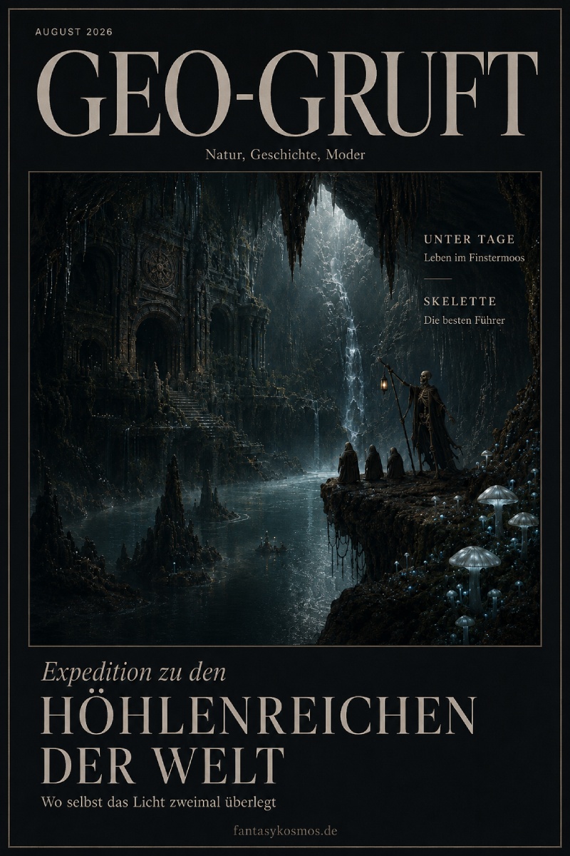 Düsteres Fantasy-Magazincover im Stil eines edlen Reportagemagazins: Unter dem großen Titel „GEO-GRUFT“ öffnet sich in einem gerahmten Bildfenster ein gewaltiges unterirdisches Höhlenreich mit Ruinen, schwarzem Wasser, leuchtenden Pilzen und einem Skelettführer mit Laterne. Darunter steht groß: „Expedition zu den Höhlenreichen der Welt“.