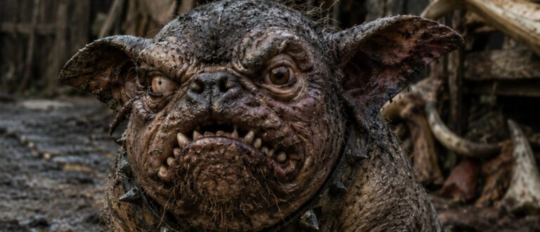 Kurioses Fantasy-Naturfoto im Hochformat: Ein gedrungener orkischer Grollmops mit schlammverkrusteter Haut, schiefen Zähnen, gelben Augen und breitem Halsband hockt missmutig in einem dreckigen Orkhof. Vor ihm liegen ein großer Knochen, ein Futternapf und ein alter Stiefel. Die Szene wirkt wie eine erschreckend echte Haustieraufnahme aus den Zwischenreichen.
